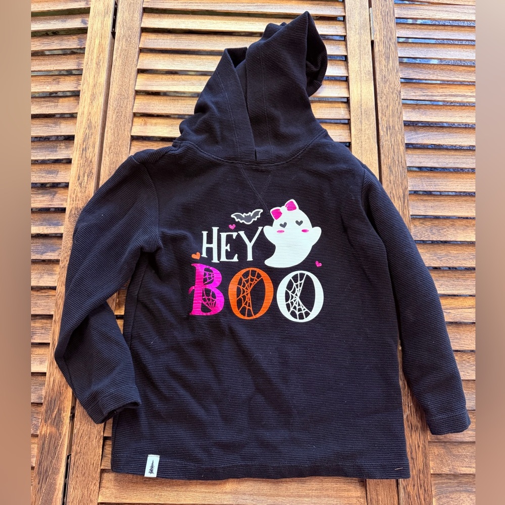Custom Halloween Textured Black Hoodie with Hey Boo Ghost and Bat Design XS